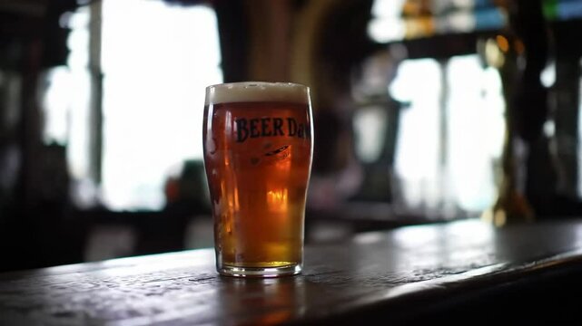 classic pub interior, with single pint of foamy amber beverage on bar. timeless and traditional feel for international beer day. rotated camera