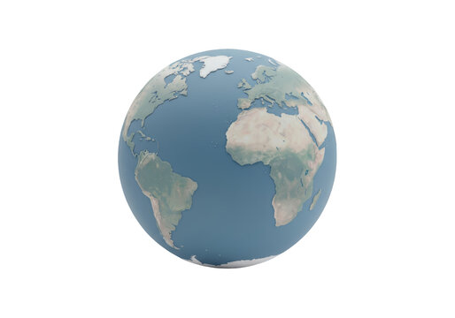 A realistic 3d render of planet earth showing continents and oceans isolated on transparent background