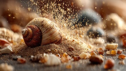 Beautiful Shell on Sand Surrounded by Colorful Crystals and Stones