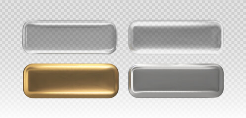 3D Gold, Silver and Glass Button with Metal Icon Vector Frame and Modern Shape Design. Glossy Gradient Circle or Square Template for Web CTA Label. Shiny Transparent Render with Holographic Effect.