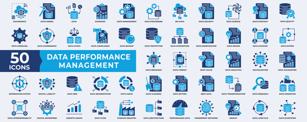 Data Performance Management icon collection set. Containing database, performance, management, big data, data mining, quality, process, data, document, strategy and analysis. Simple flat Vector.  