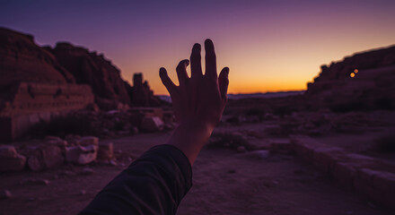 Reaching for Sunset at Ancient Ruins
