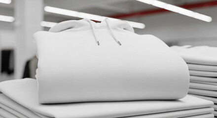 Clean White Folded Hoodie on Stack of Apparel in Retail Store. Blank Pullover Sweatshirt for Casual Wear or Customization.