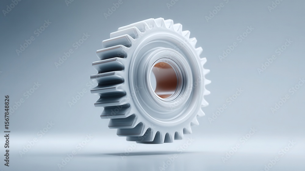 Poster white mechanical gear floating on a light background in 3d render
