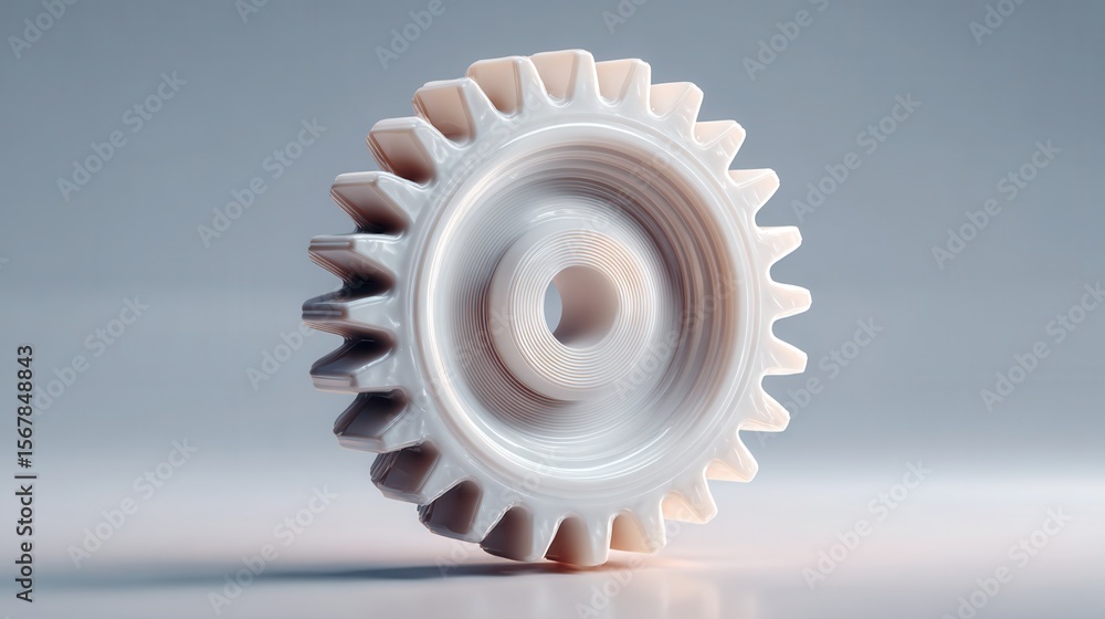 Poster white gear component on smooth background with subtle lighting