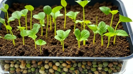 Timelapse of seedlings growing in soil with fertilizer balls demonstrating plant development