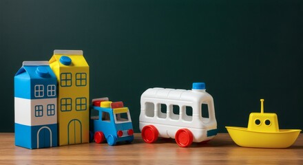 Fototapeta premium Playful Village Cartons with Cars, and Bus Boat on Wood Table.