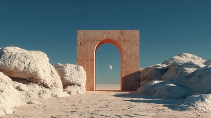 Surreal Archway in a Desert Landscape with Moon and Rocky Terrain
