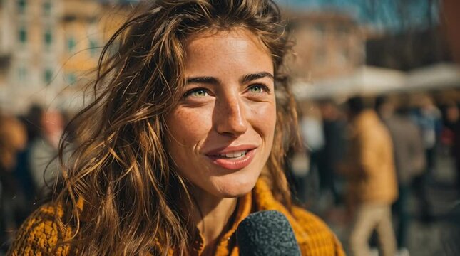 Street interview smiling young woman with wavy brown hair holding microphone during interview in sunny city street reporter journalist