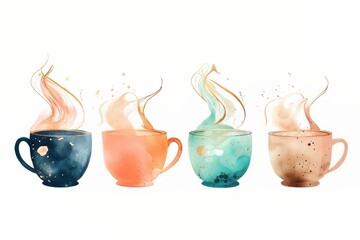 Four colorful coffee cups with steam in fluid art style. Breakfast drink mugs illustration for menu, kitchen decor, and cafe.
