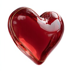 Glossy red glass 3D heart with soft reflections and transparent background, ideal for elegant romantic design and creative decoration.
