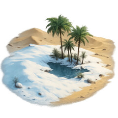 Snowy Oasis in Desert Scene with Palm Trees