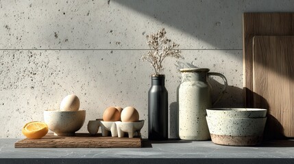 Rustic Kitchen Still Life with Natural Elements and Fresh Produce
