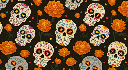A Festive Dia de los Muertos Pattern Featuring Sugar Skulls and Marigolds, Colorful Day of the Dead Background with Ornate Skulls and Vibrant Orange Flowers