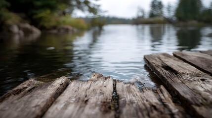 A rotting wooden dock collapsing into a tranquil lake in a natural setting