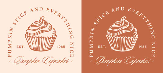 Cupcake pumpkin spice and everything nice fall season spiced flavor sticker label funny quotes. Fancy retro vintage aesthetic baked cream pastry dessert treats printable poster print shirt design.