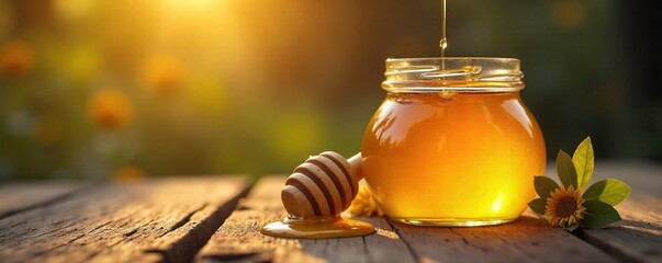 Golden Honeycomb Dripping from Vintage Jar on Rustic Wood, Evoking Nostalgia and Natural Sweetness