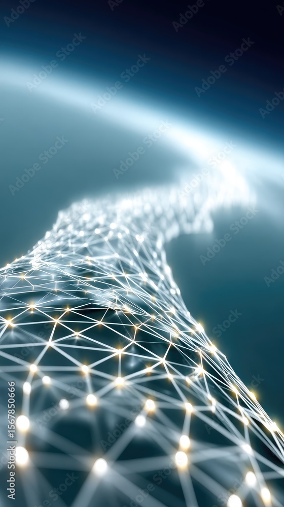 Poster global network connection: glowing lines and nodes on dark background