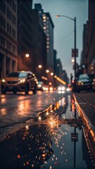 Fototapeta premium Sparkling reflections of city lights and car headlights in a wet street puddle at dusk