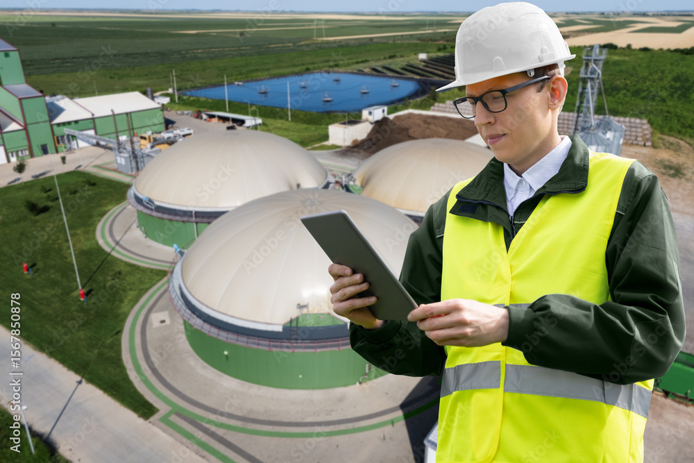 Aufkleber engineer with digital tablet on a background of biogas plant