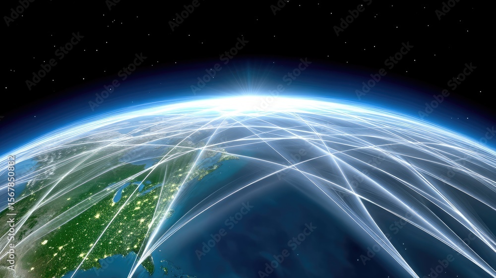 Poster global network connections: illuminated earth with data lines