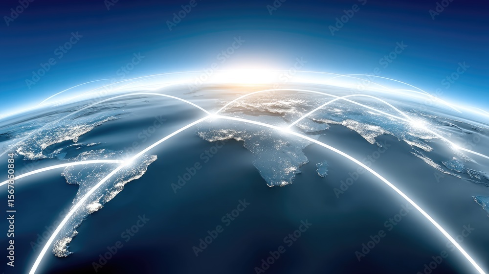 Poster global network connections at night: illuminated earth with data transfer lines