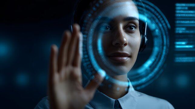 Ai chatbot assistant interacting via holographic display futuristic virtual interface voice recognition natural language processing customer support automation floating sci fi digital office