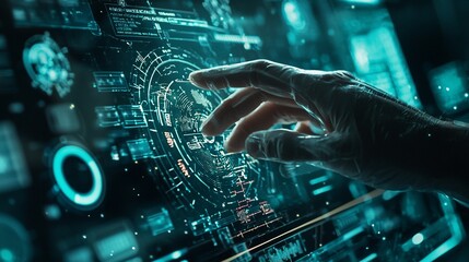 Hand interacting with futuristic, glowing digital interface