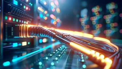 Fiber Optic Cables Illuminating a Network Server. - Powered by Adobe