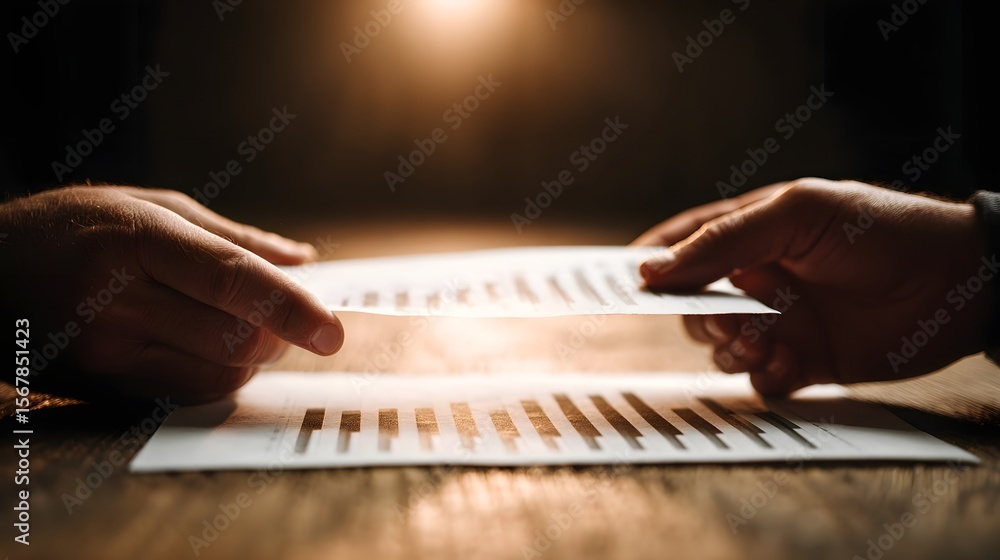 Poster hands exchanging investment contract with chart overlay