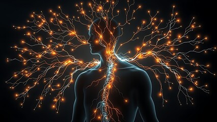 A glowing neural network branching into a human silhouette, connecting unexpectedly to other body systems.