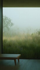 Minimalist interior with large glass wall blending wild landscape