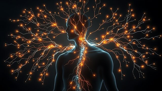 A glowing neural network branching into a human silhouette, connecting unexpectedly to other body systems.