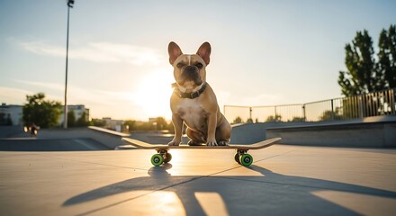 French Bulldog Skateboarding Golden Hour Canine Coolness at the Skatepark