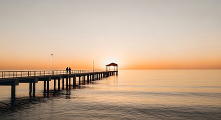 Serene Sunset Couple Silhouetted on a Pier, Golden Hour Ocean View