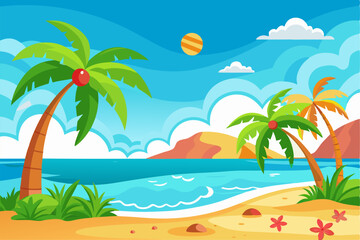 Tropical Beach Sunset with Palm Trees and Ocean Waves – Vibrant Vector Illustration