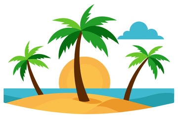 Tropical Beach Sunset with Palm Trees and Ocean Waves – Vibrant Vector Illustration
