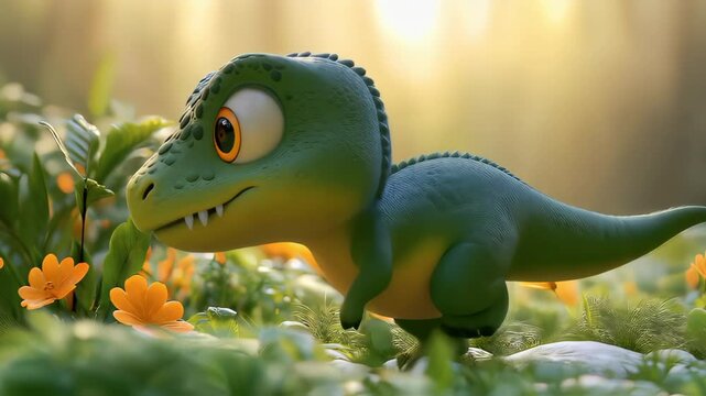 Young dinosaur walking through the forest. Animation on the theme of cartoons and humor.