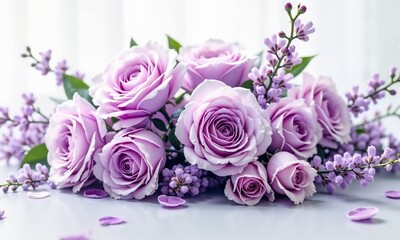 Purple rose bouquet on a white background with green leaves. Elegant floral arrangement for wedding, anniversary, and Valentine's Day.