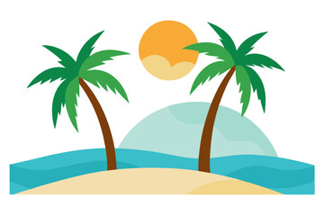 Tropical Beach Sunset with Palm Trees and Ocean Waves – Vibrant Vector Illustration