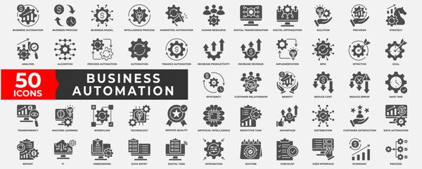 Business automation icon collection set. Containing process, digital transformation, industry 4.0, productivity, technology, business, integration icon. Simple solid vector illustration.