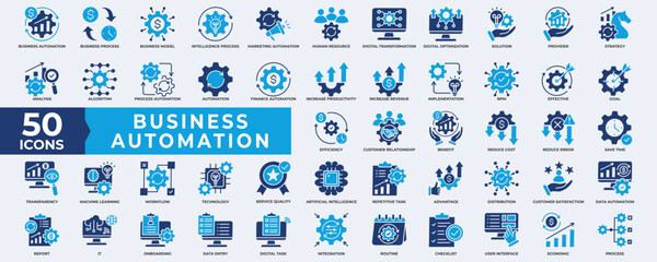 Business automation icon collection set. Containing process, digital transformation, industry 4.0, productivity, technology, business, integration icon. Simple flat vector illustration.