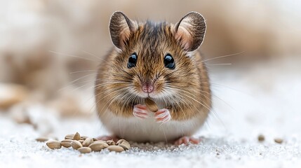 Close-up of a small, brown mouse, eating seeds with focused eyes
