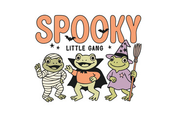 Spooky Little Frog Gang in Halloween Costumes Illustration Sublimation T Shirt Design