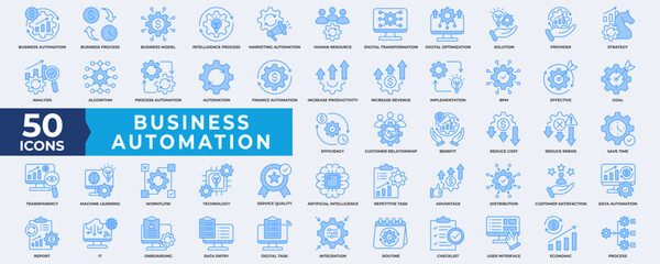 Business automation icon collection set. Containing process, digital transformation, industry 4.0, productivity, technology, business, integration icon. Simple line blue vector illustration.
