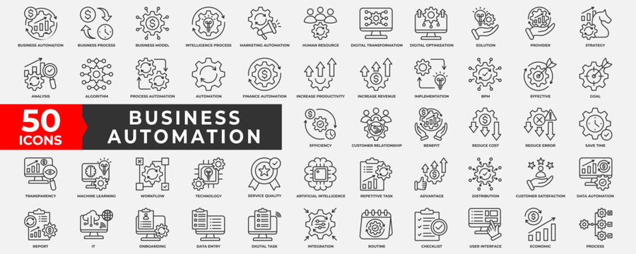 Business automation icon collection set. Containing process, digital transformation, industry 4.0, productivity, technology, business, integration icon. Simple line vector illustration.