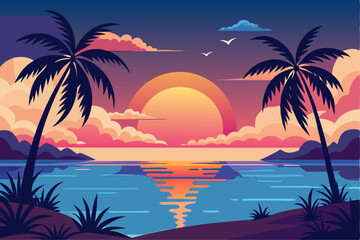 Tropical Beach Sunset with Palm Trees and Ocean Waves – Vibrant Vector Illustration