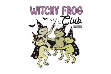 Witchy Frog Club – Cute Halloween Group of Frogs in Witch Costume Illustration Sublimation T Shirt Design