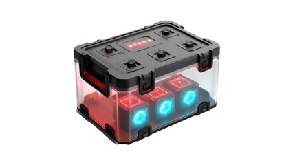 Obraz premium Isolated transparent case containing illuminating cubes with red and blue lighting effects. 