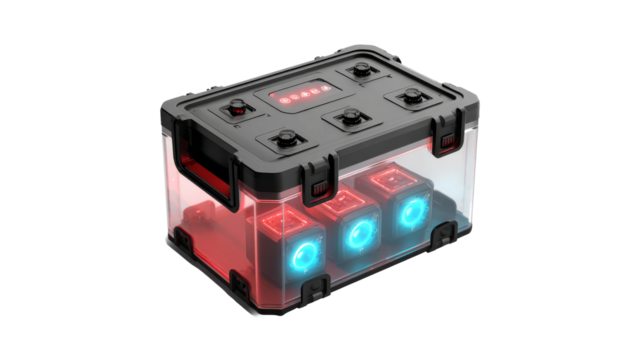 Isolated transparent case containing illuminating cubes with red and blue lighting effects.

